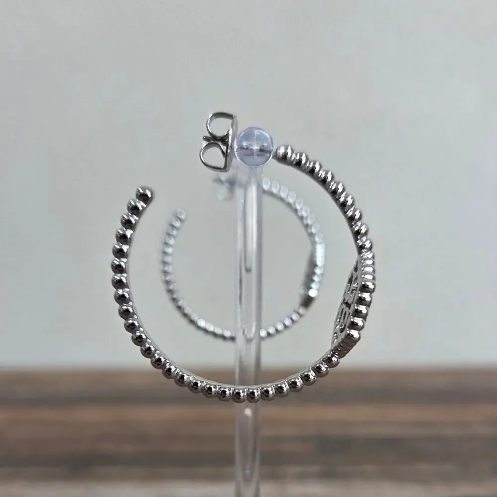 Tory Burch Silver Milgrain Hexagon Double T Logo Hoop Earrings